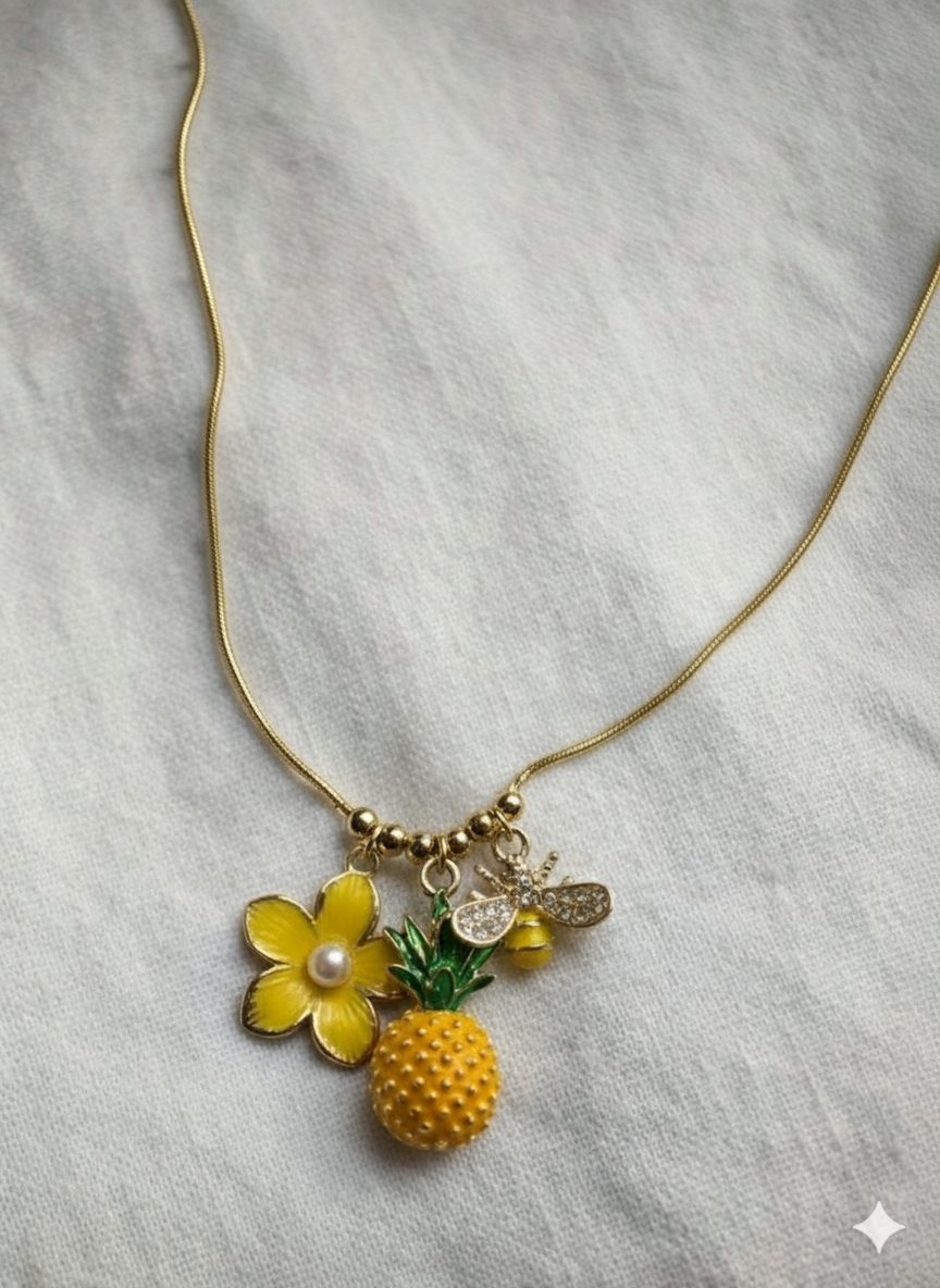 Tropical Trio Charm Necklace (Pineapple • Flower • Bee)