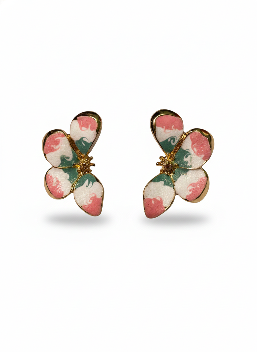 Multi Colour Marbled Petal Gold-Tone Flower Earrings