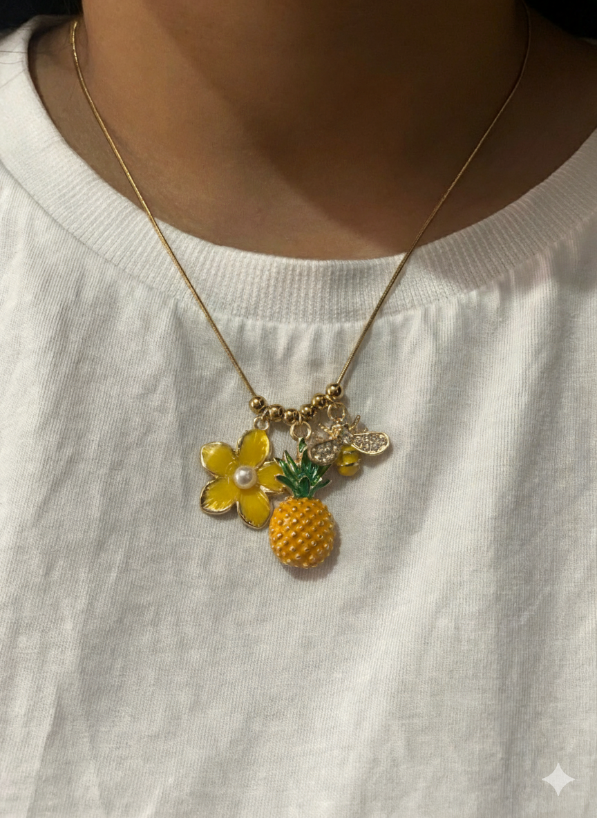 Tropical Trio Charm Necklace (Pineapple • Flower • Bee)