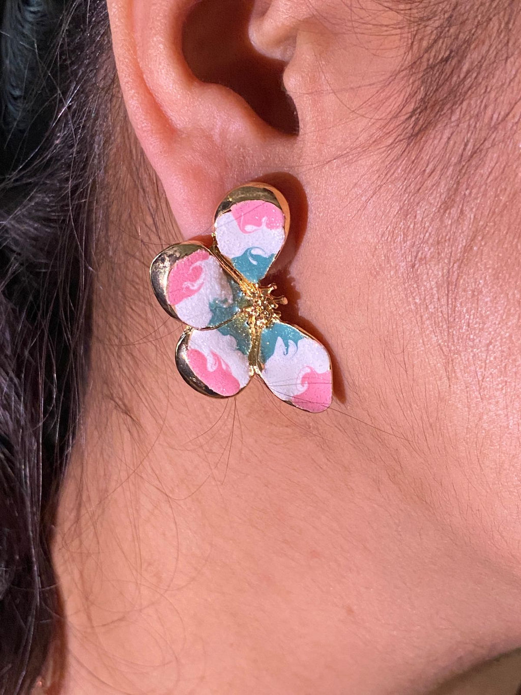 Multi Colour Marbled Petal Gold-Tone Flower Earrings