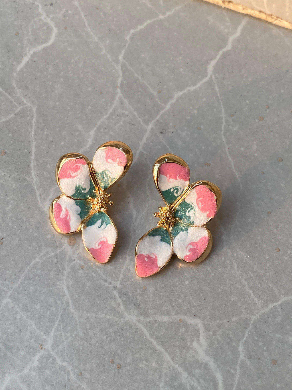 Multi Colour Marbled Petal Gold-Tone Flower Earrings