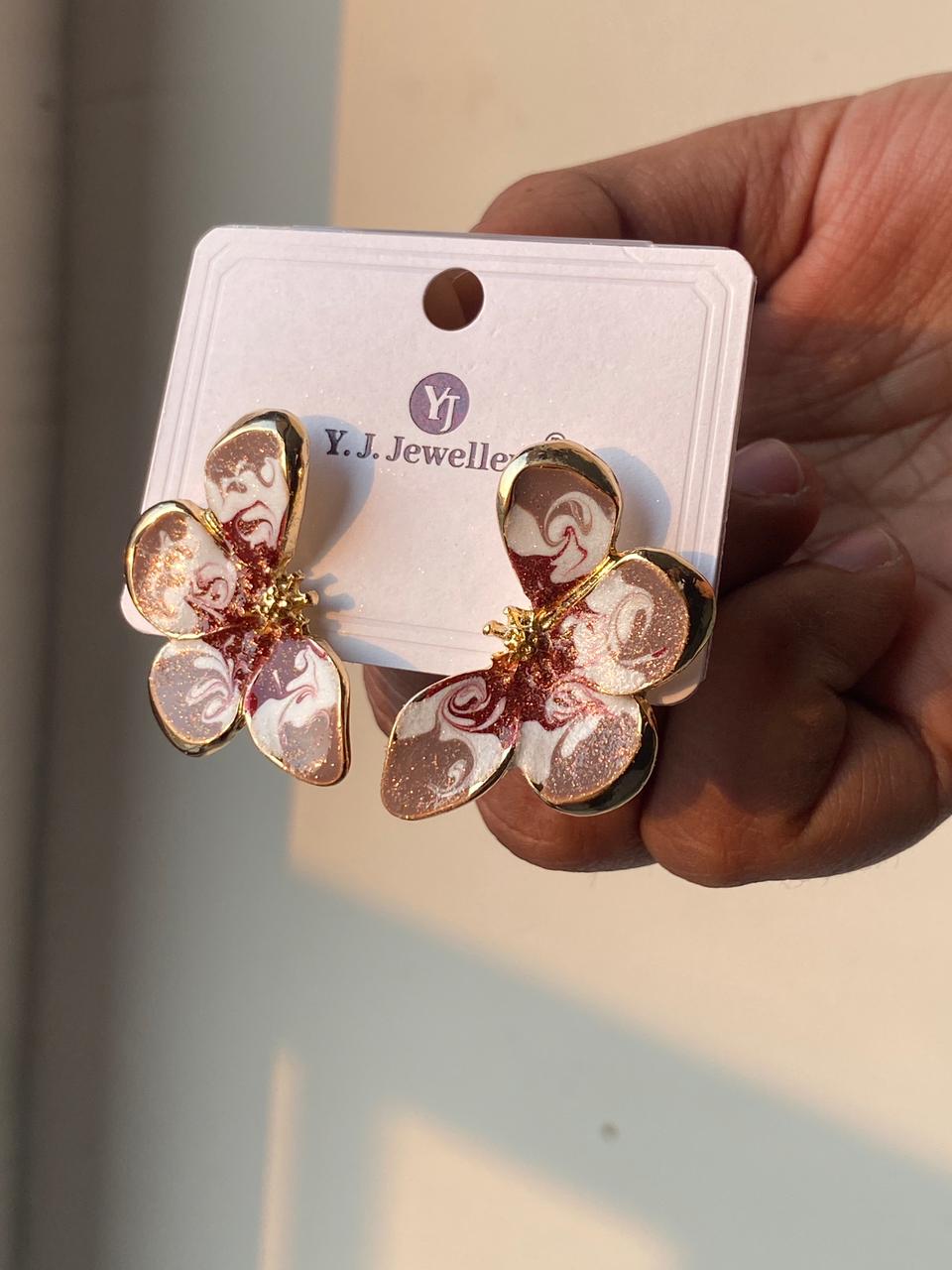 Multi Colour Marbled Petal Gold-Tone Flower Earrings