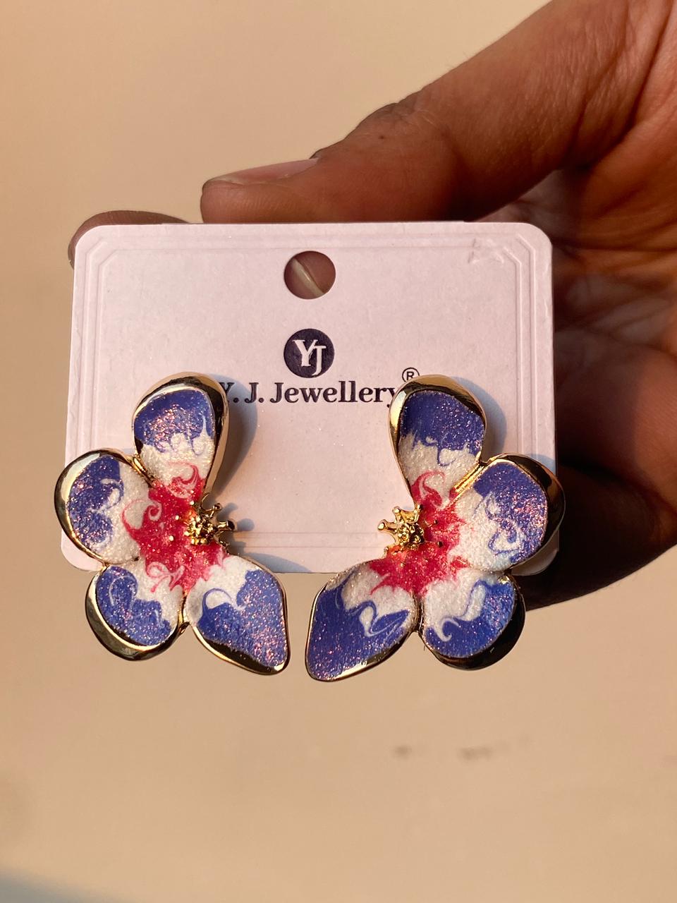 Multi Colour Marbled Petal Gold-Tone Flower Earrings