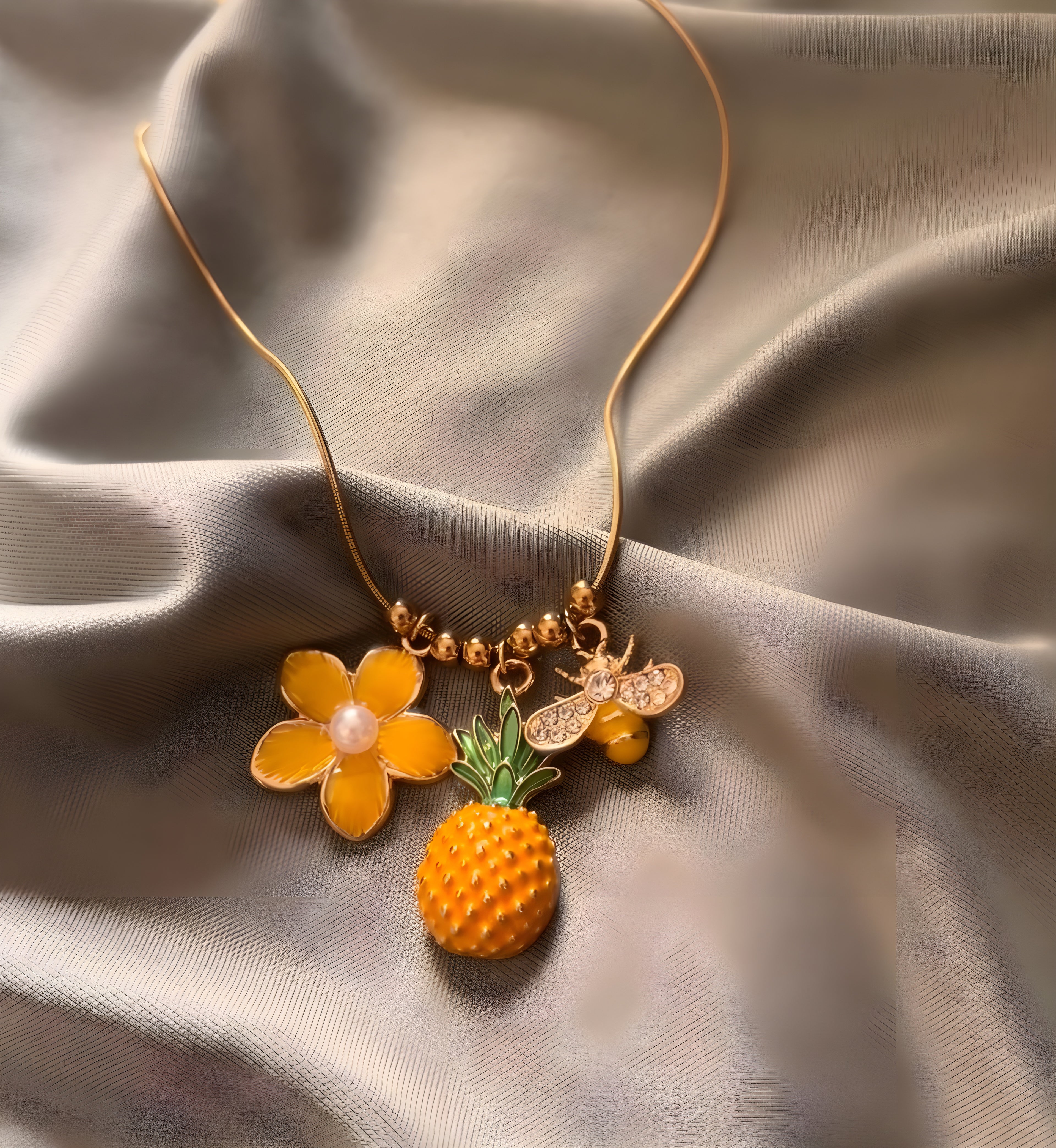 Tropical Trio Charm Necklace (Pineapple • Flower • Bee)